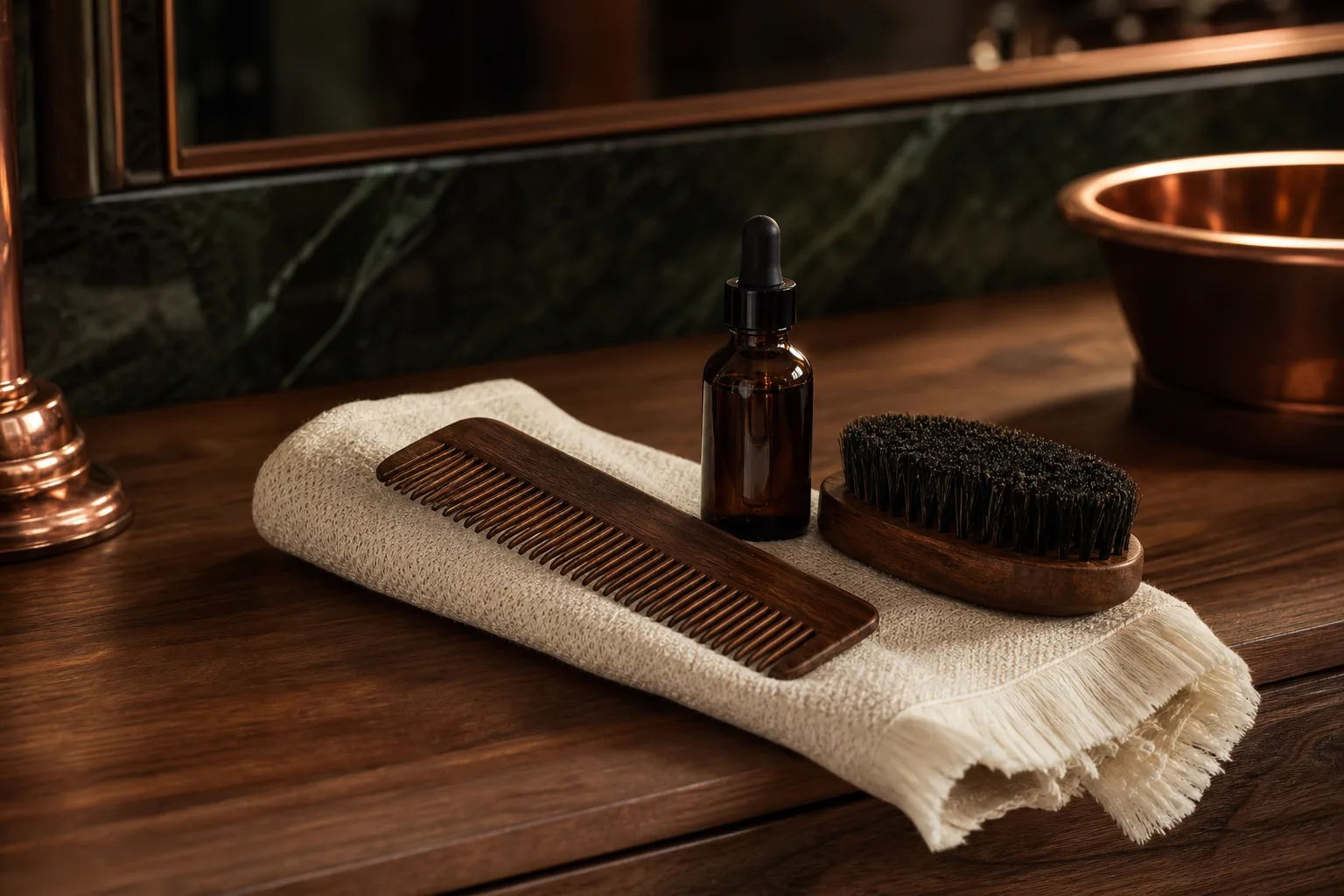 Routine d'entretien de la barbe avec brosse, peigne, huile et tondeuse